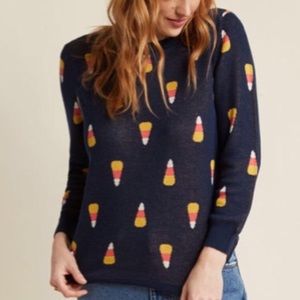 ModCloth Candy Corn Print Instarsia Long Sleeve Sweater Navy Small Cotton Modal